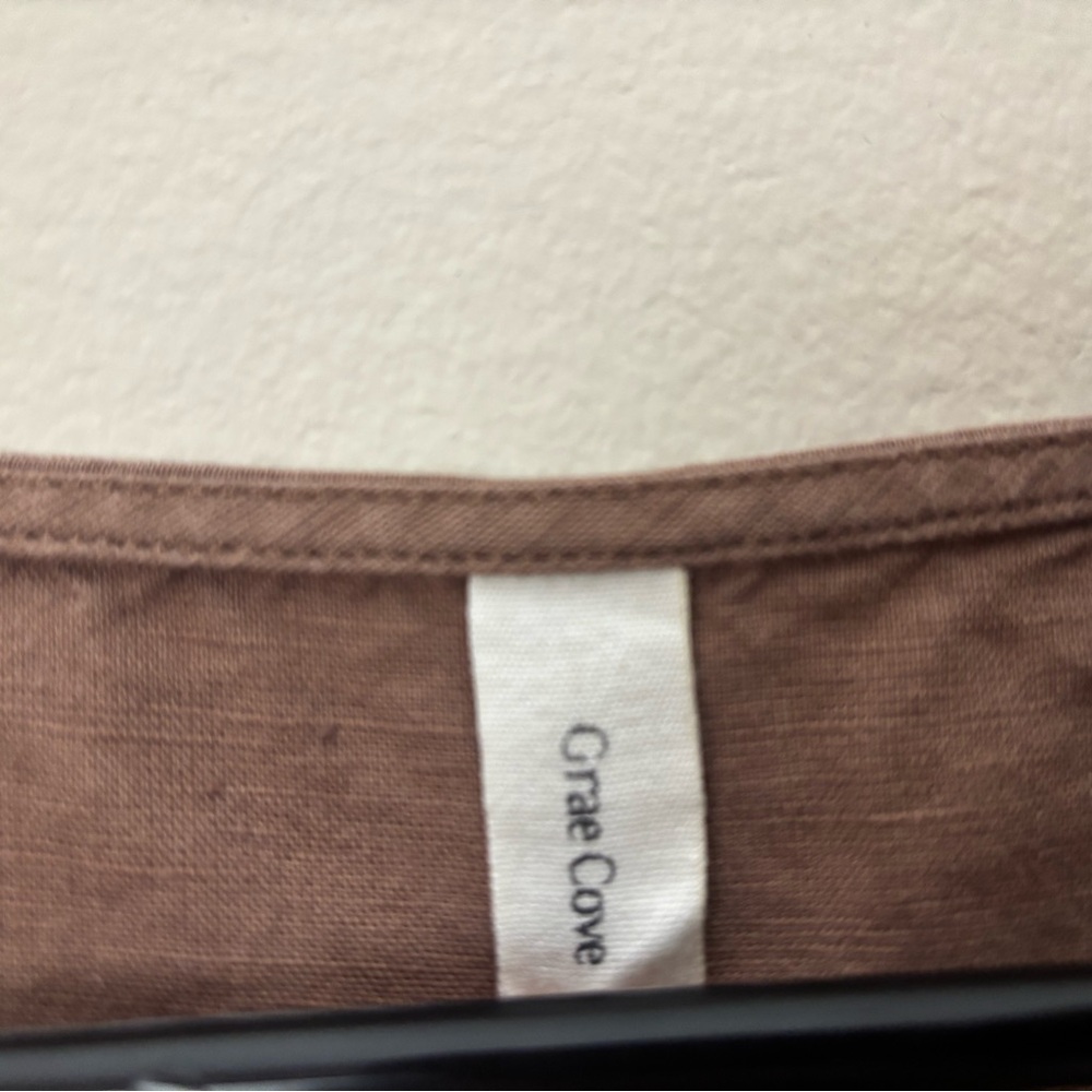 Grae Cove brown linen cotton midi A-line dress 3/4 sleeve round neck pockets L - Picture 4 of 6